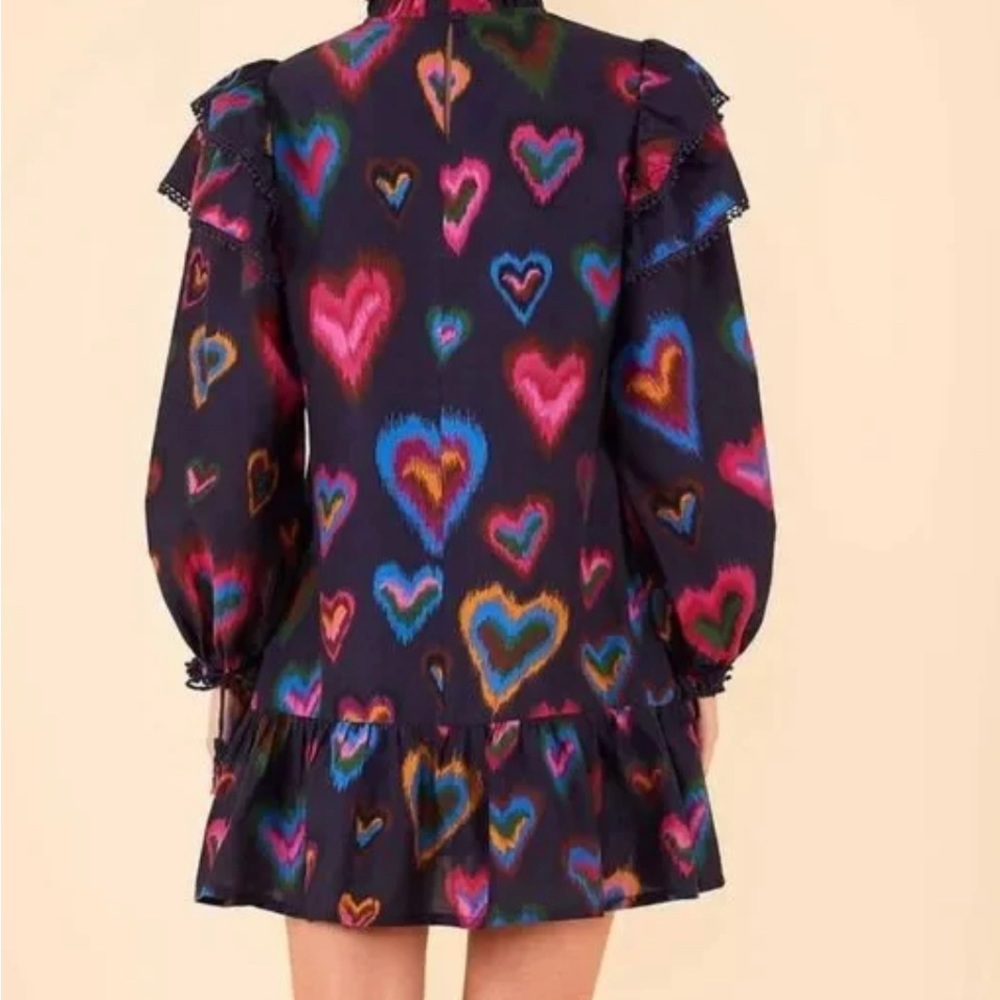 Farm Rio Ruffled Mock Neck Navy Ikat Dyed Hearts Mini Dress - Picture 3 of 5